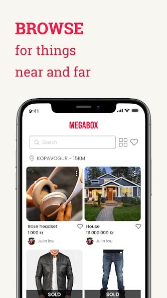 Megabox marketplace browse screen with nearby listings