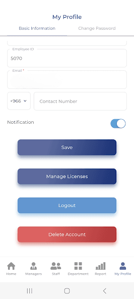 Staff Pod profile screen with licence management controls