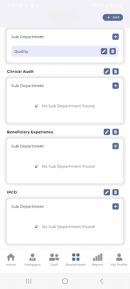 Staff Pod department and sub-department management screen